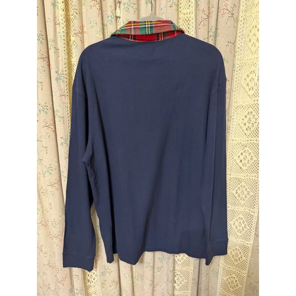 Simply Southern Navy Plaid Collar Long Sleeve Polo Shirt Mens Large NWT